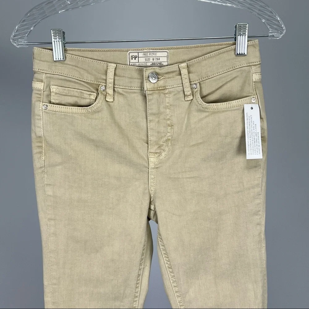 Free People Womens High Rise Busted Distressed Skinny Jeans Khaki Tan size 26